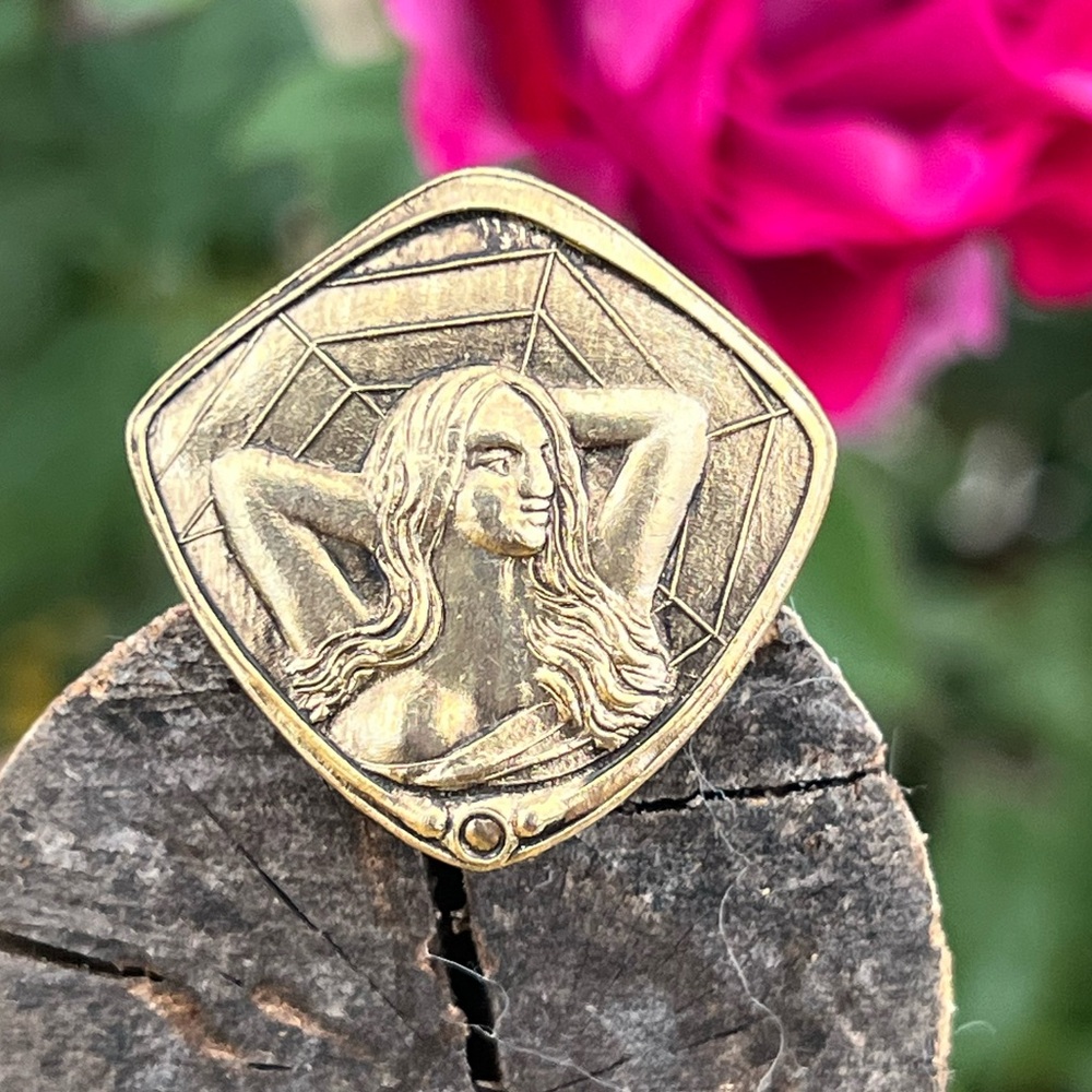 Vintage Art Nouveau Lady & Spiderweb Adjustable Ring – Fits Size 4–8